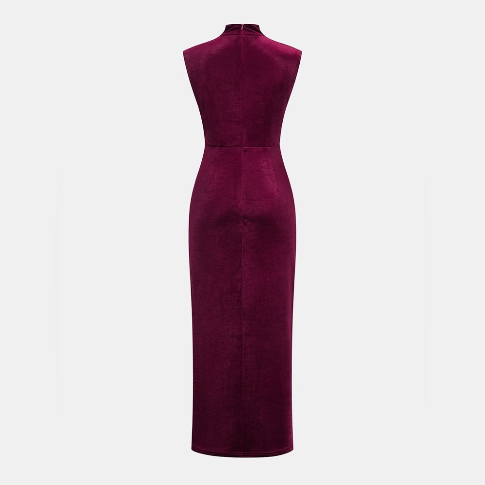 CoMMENSE Sleeveless Side Slit Velvet Mock Neck Maxi Dress NWT - Burgundy Large - Picture 2 of 11